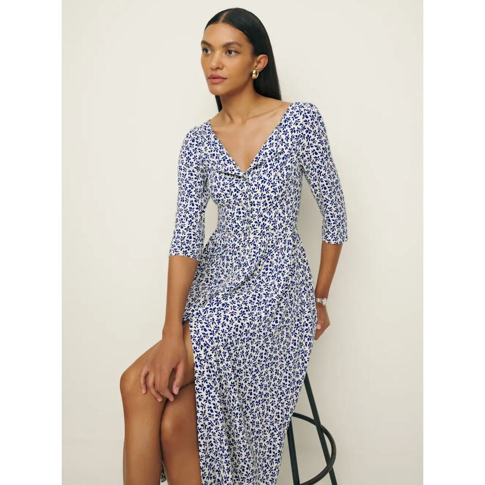 Reformation Adair Blue White Floral Button Front Midi Dress 12 Half Sleeve